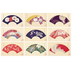 Japanese Fan Design Woodcut Prints, circa 1930, Set of Nine