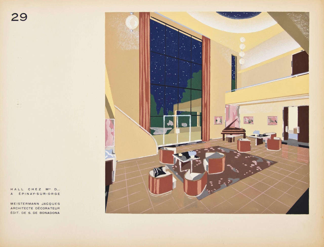 Four prints from Décoration moderne dans l'intérieur by Henry Delacroix. Paris, Éditions de S. de Bonadona, circa 1930. Pochoir-process prints. Each piece measures 10 x 12 3/4 in.

5. Terrasse propriété a Cannes.
11. Salle a Manger.
24.