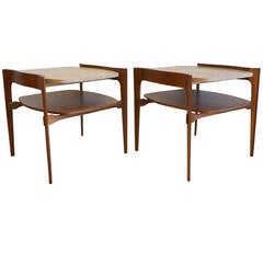 Pair of Sculpted Walnut and Travertine Side Tables