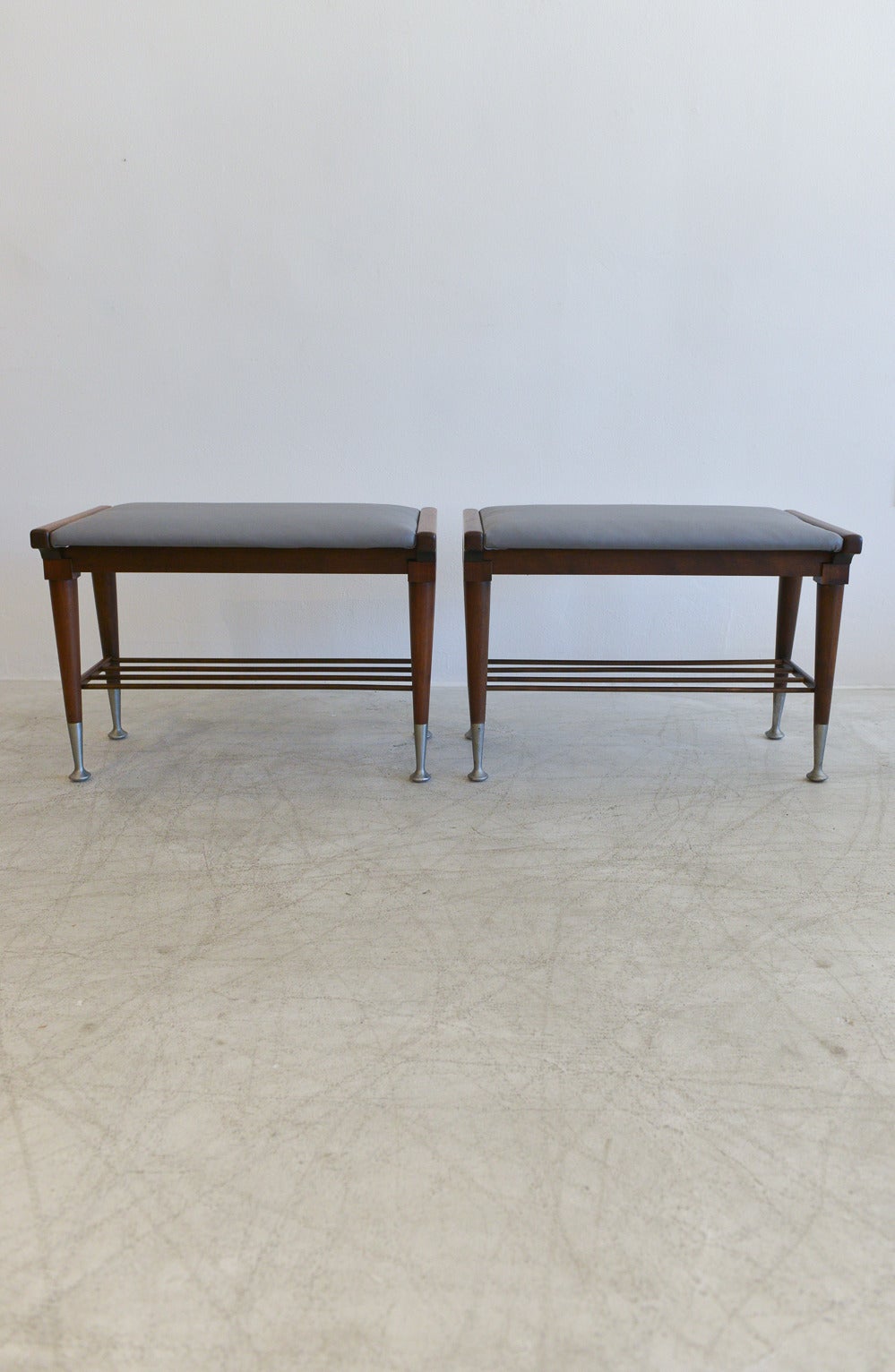 Scandinavian Modern Important Pair of Edmond Spence Walnut and Leather Benches