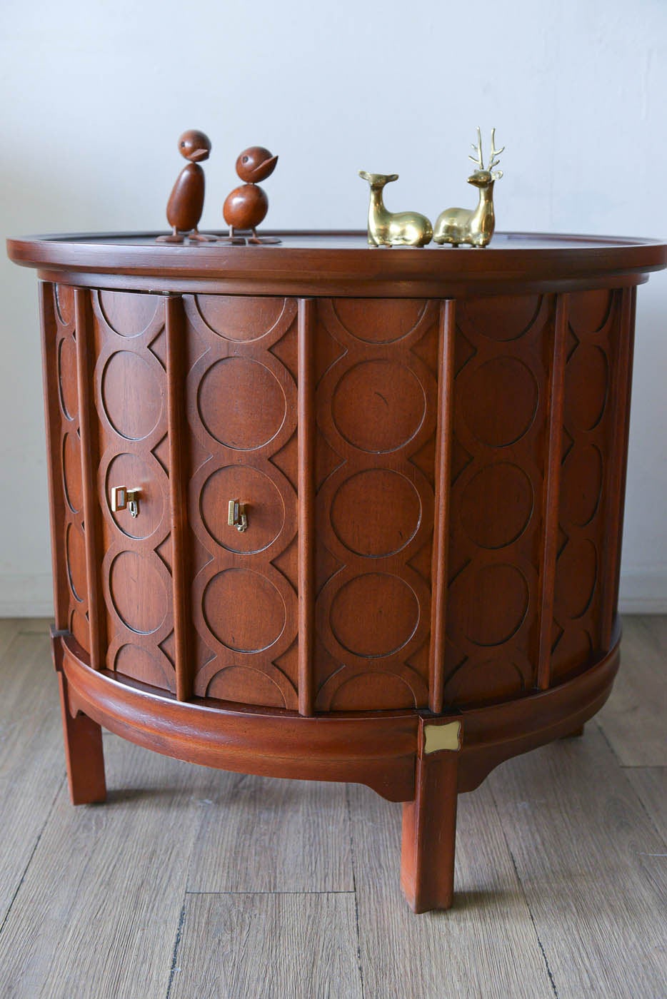 20th Century Walnut and Brass Circular Drum Cabinet