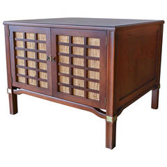 Walnut and Grasscloth Cabinet with Brass Detail