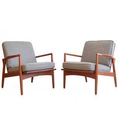 Pair of Teak Danish Lounge Chairs with Grey Wool Tweed Fabric