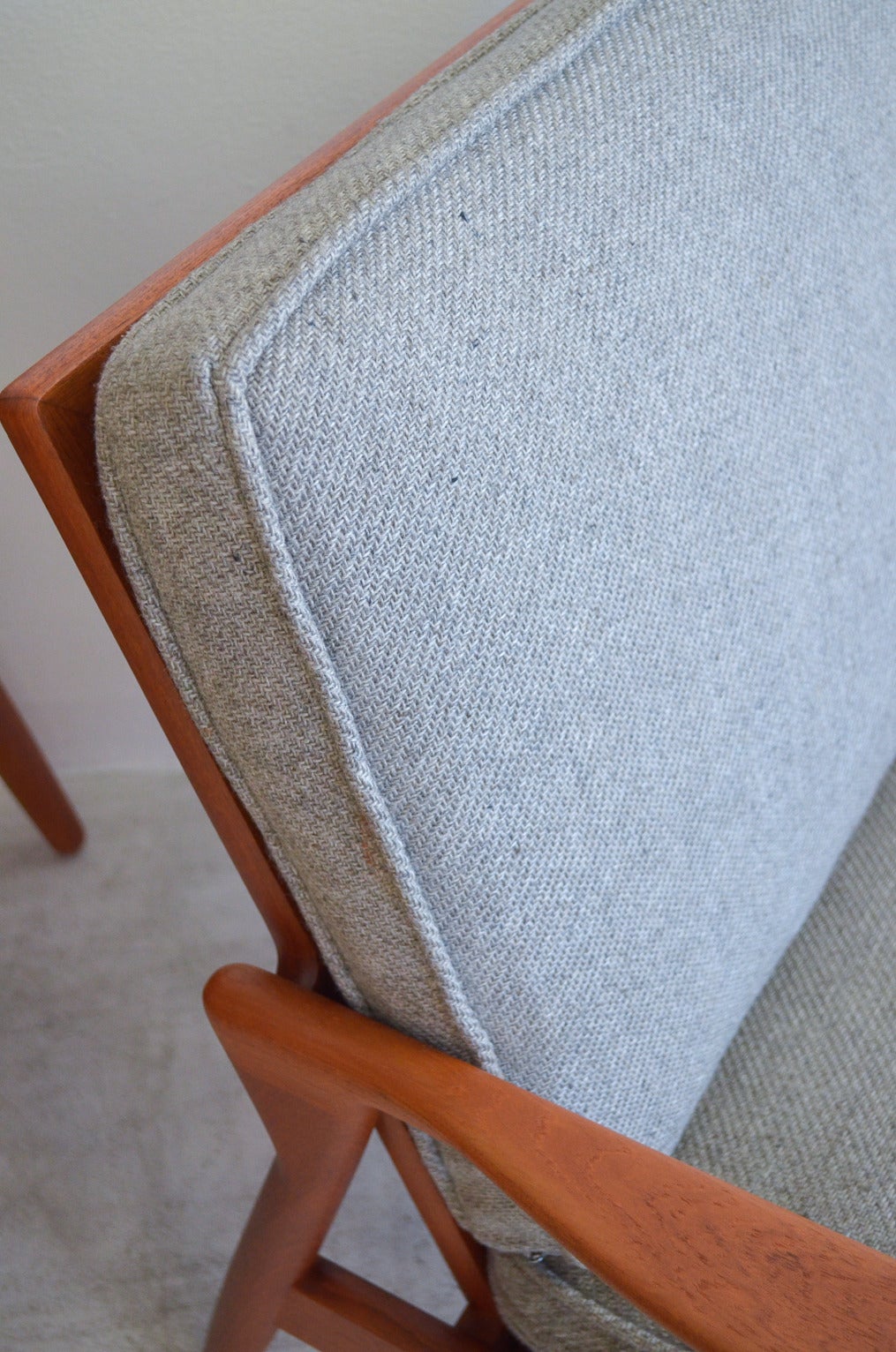 Pair of Teak Danish Lounge Chairs with Grey Wool Tweed Fabric at 1stDibs