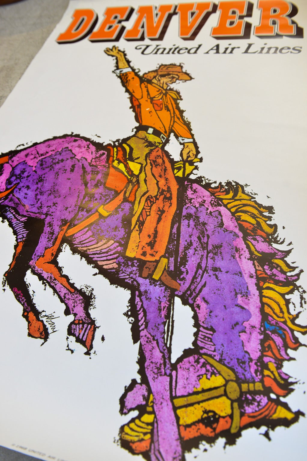 Beautifully preserved vintage United Airlines Travel Posters by Jebary. Denver depicts beautifully colored cowboy on a bucking bronco. Wonderful color and subject matter, these posters are dated 1968 and in excellent vintage condition with no holes