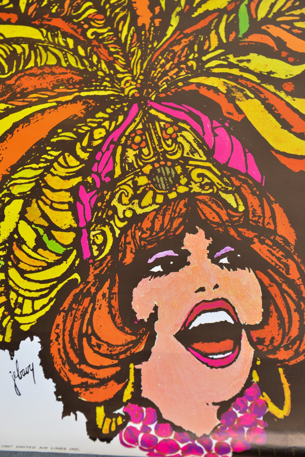 Beautifully preserved vintage United Airlines Travel Posters by Jebary. Las Vegas depicts beautifully colored Vegas showgirl with feather plume.  Wonderful color and subject matter, poster is dated 1967 and in excellent vintage condition with no