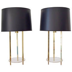 Hollywood Regency Pair of Lucite and Brass Table Lamps