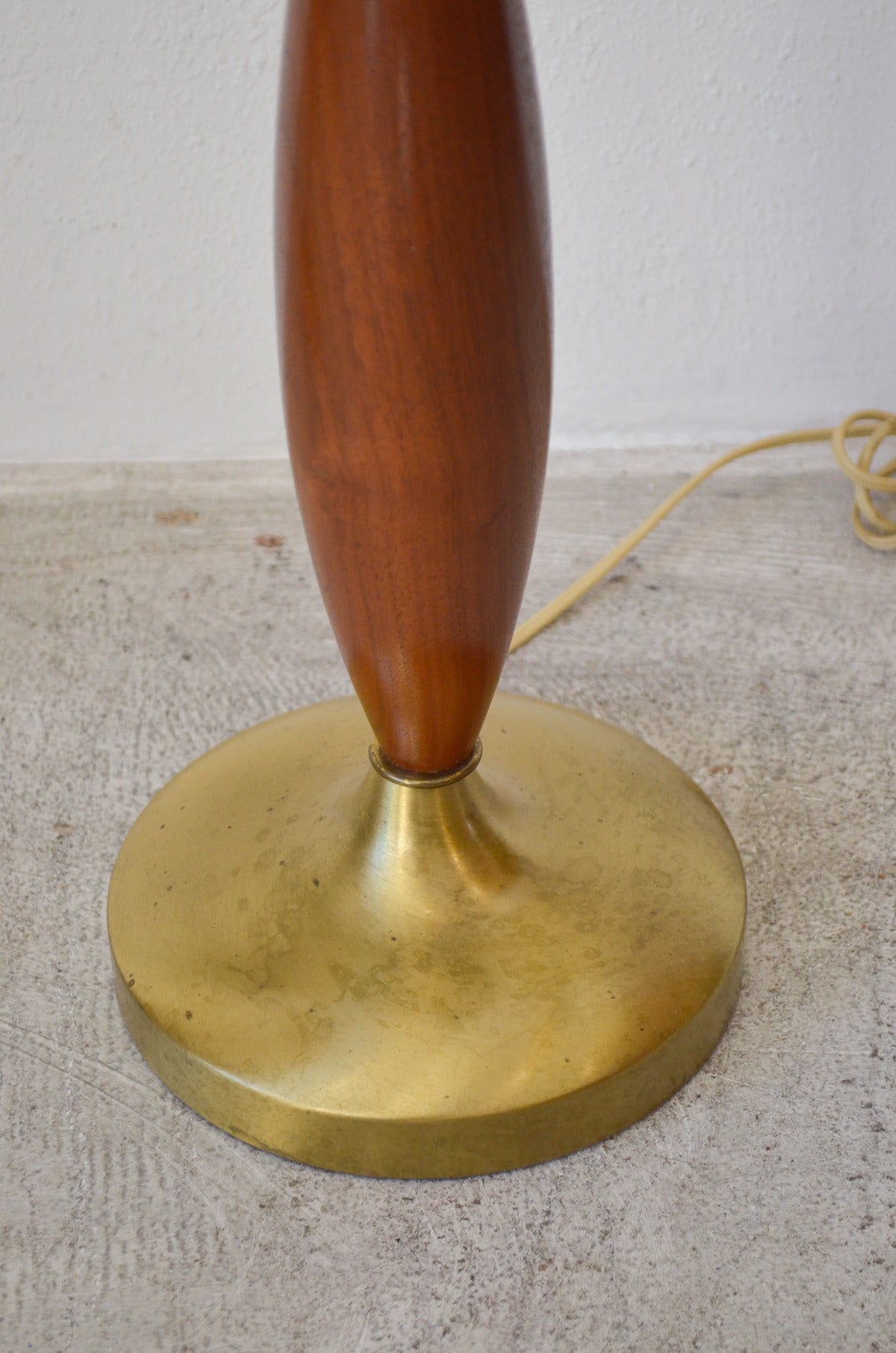 Pair of Patinated Brass and Walnut Tapered Lamps In Excellent Condition In Costa Mesa, CA
