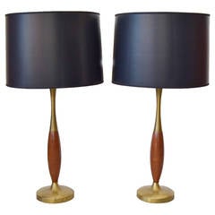 Pair of Patinated Brass and Walnut Tapered Lamps
