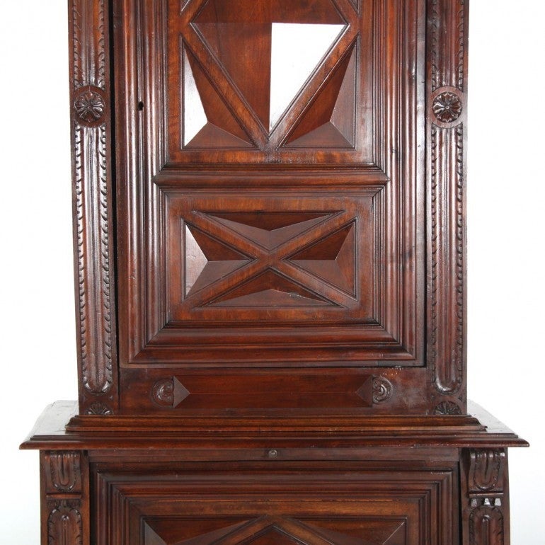 French antique Buffet Deux Corps of solid hand-carved walnut in a typical Louis XIII 'Diamond' pattern. With a warm patina, this is a wonderful piece, with great storage potential and a multitude of purposes, Circa 1880.

