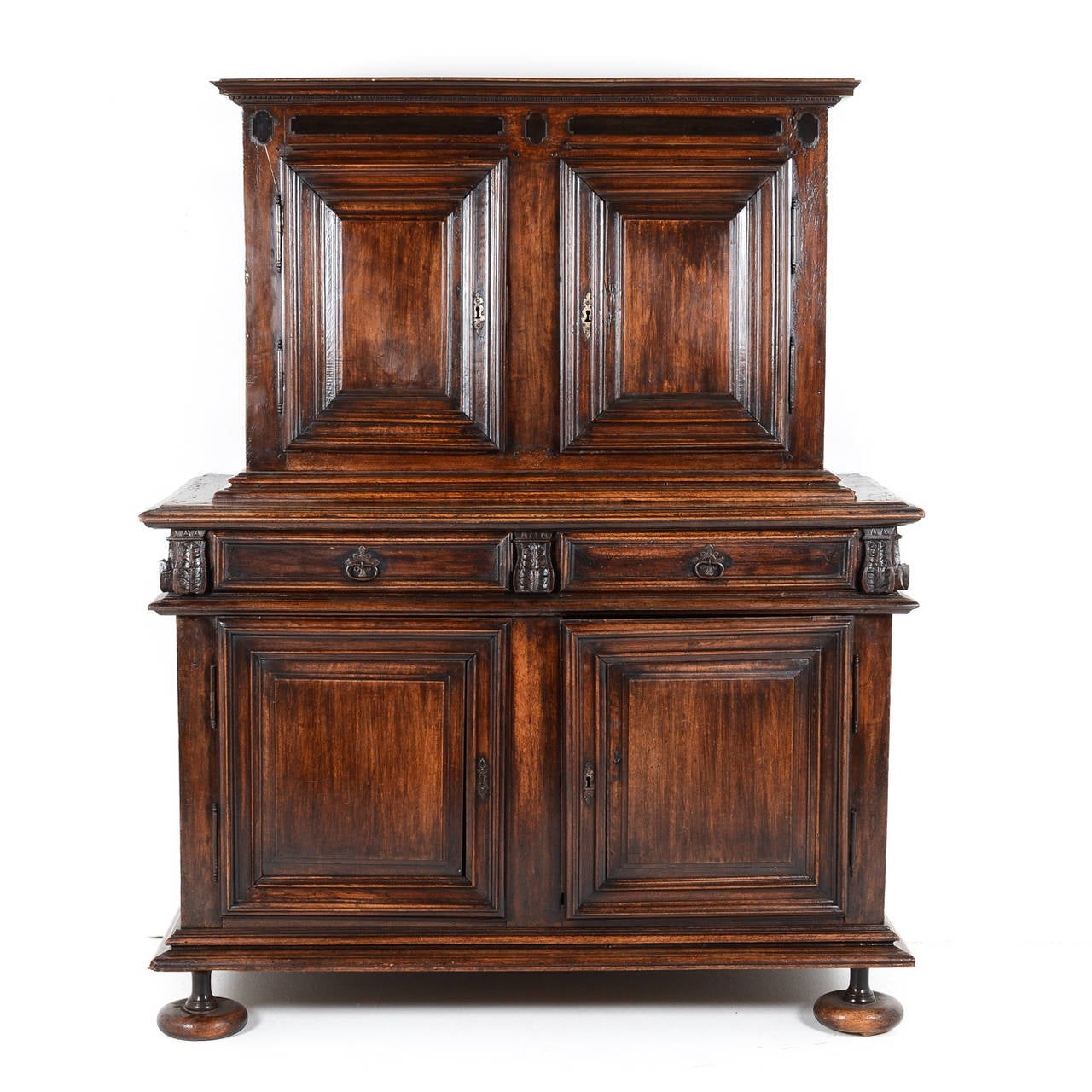 Solid walnut buffet deux corps cabinet from Italy, circa 1700. In superior original condition.