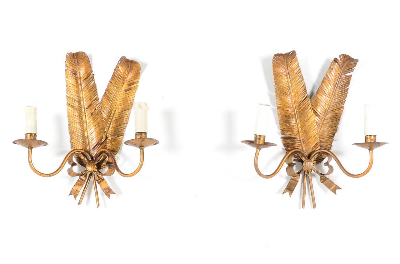 French Pair of Feather Sconces by Maison FlorArt Circa 1950