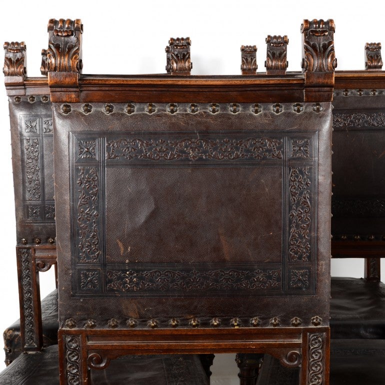 Hand-Crafted Twelve Matching French Antique Hand Tooled Leather Dining Chairs, circa 1880