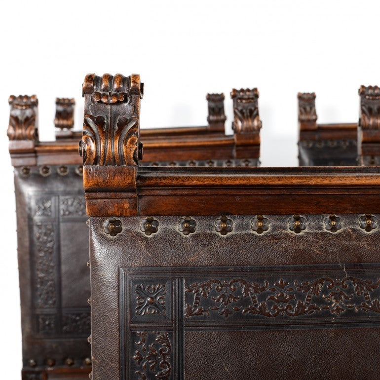 Twelve Matching French Antique Hand Tooled Leather Dining Chairs, circa 1880 In Distressed Condition In Vancouver, British Columbia