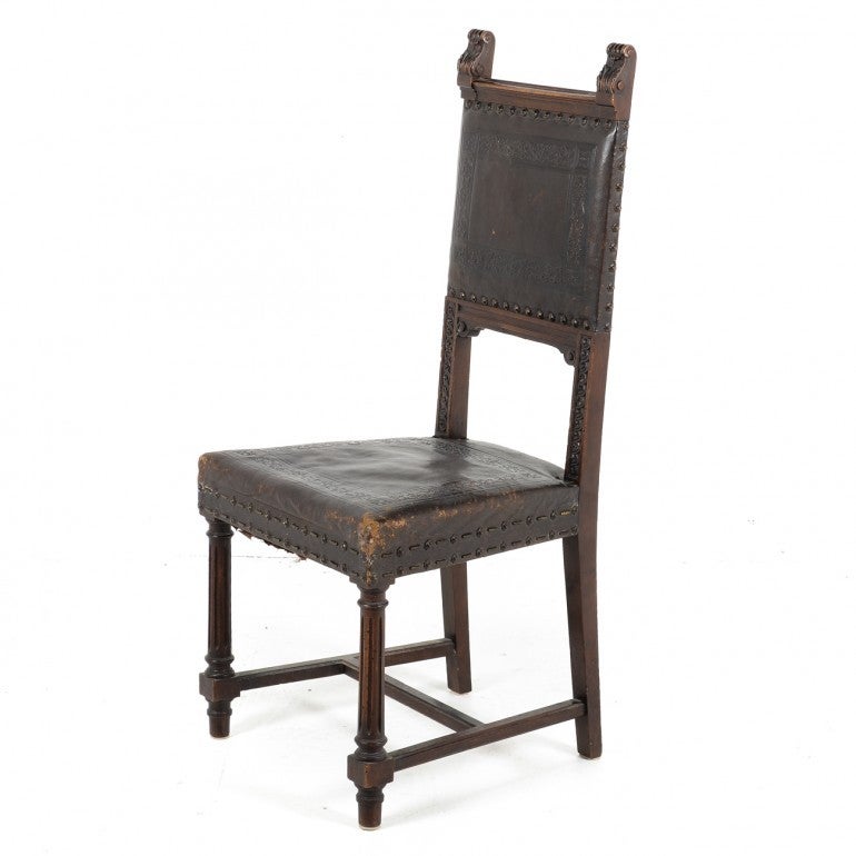 Twelve Matching French Antique Hand Tooled Leather Dining Chairs, circa