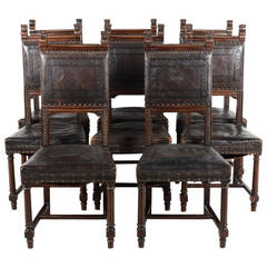 Twelve Matching French Antique Hand Tooled Leather Dining Chairs, circa 1880