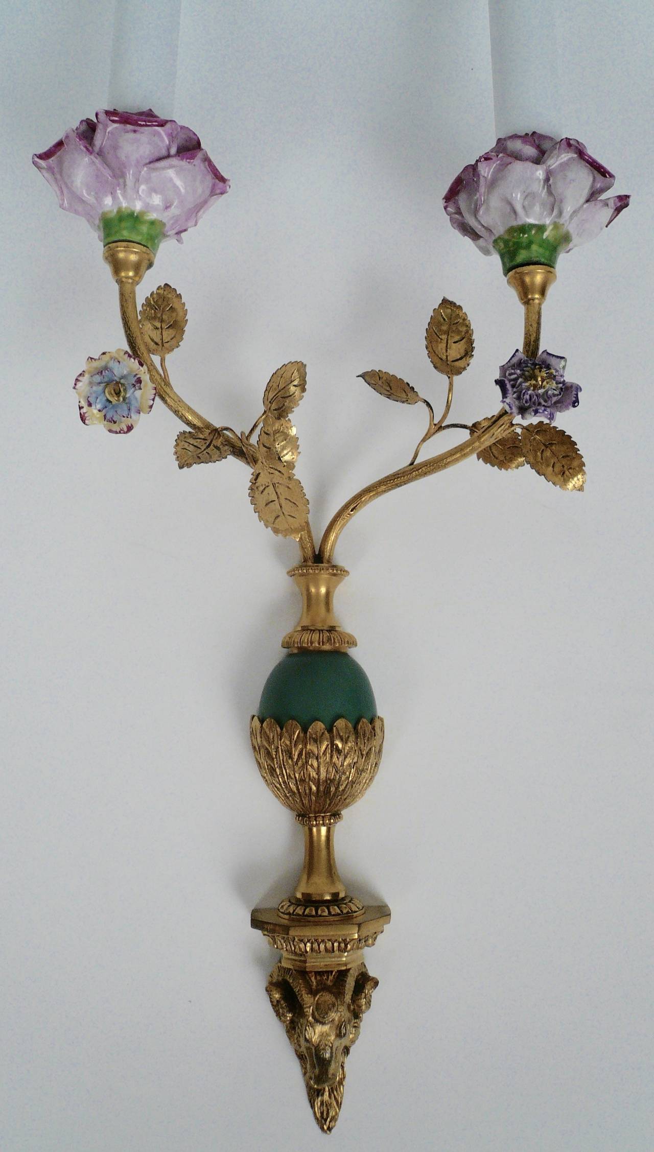 Louis XVI Pair of Edward F. Caldwell Bronze and Porcelain Sconces