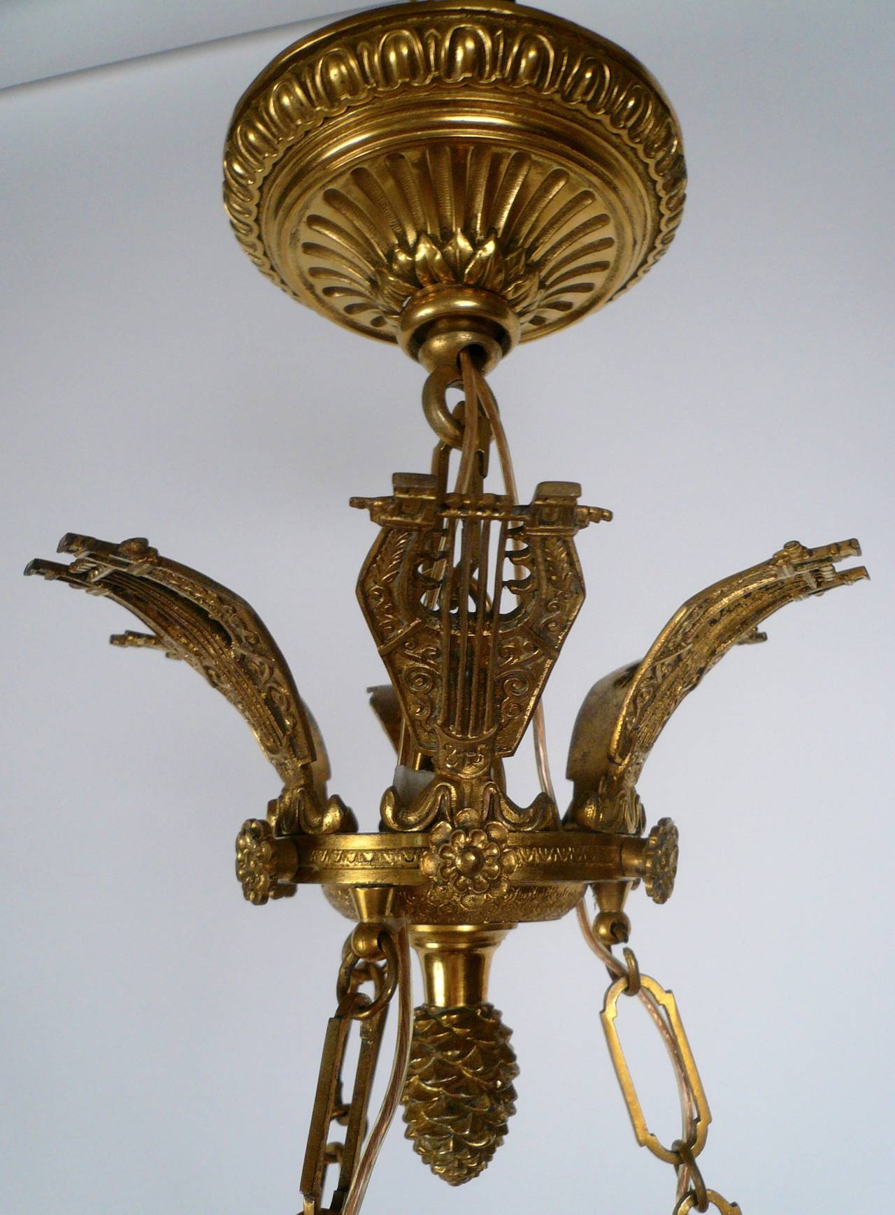 E.F. Caldwell Empire Style Gilt and Patinated Bronze Six-Light Chandelier In Good Condition In Pittsburgh, PA