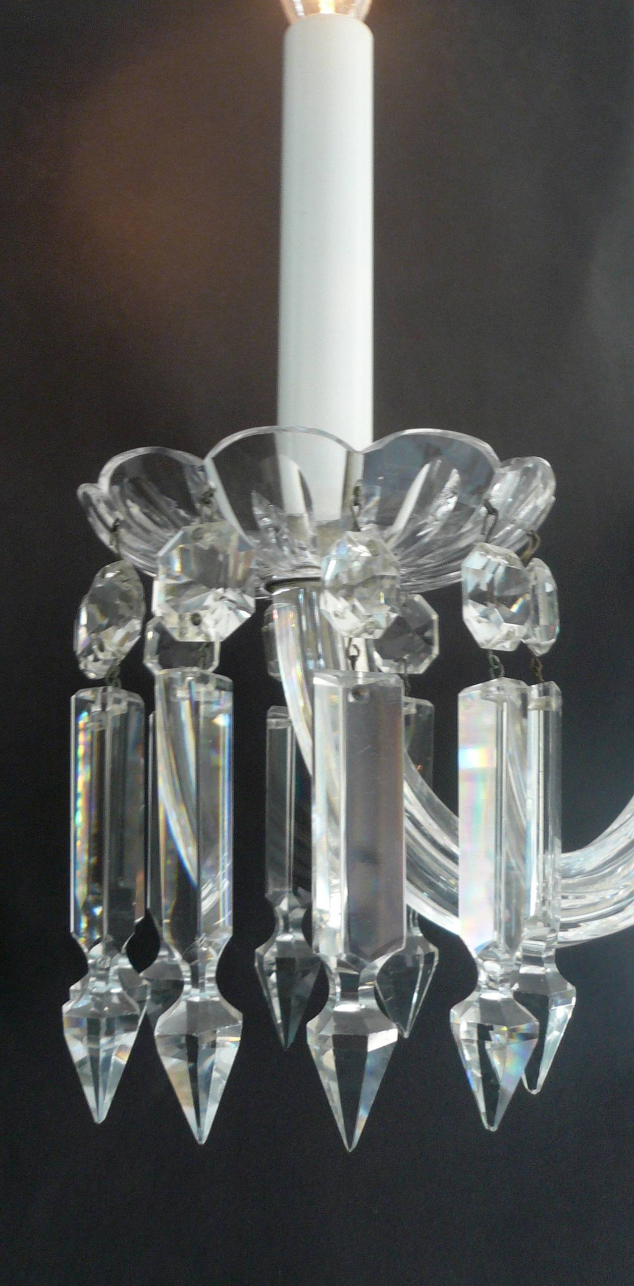 Fine quality mid-19th century six-light chandelier, originally gas powered, now electrified, signed F. & C. Osler. Osler was a leading maker of lighting fixtures and made the crystal fountain for the Crystal Palace Exhibition of 1851. Measures: The