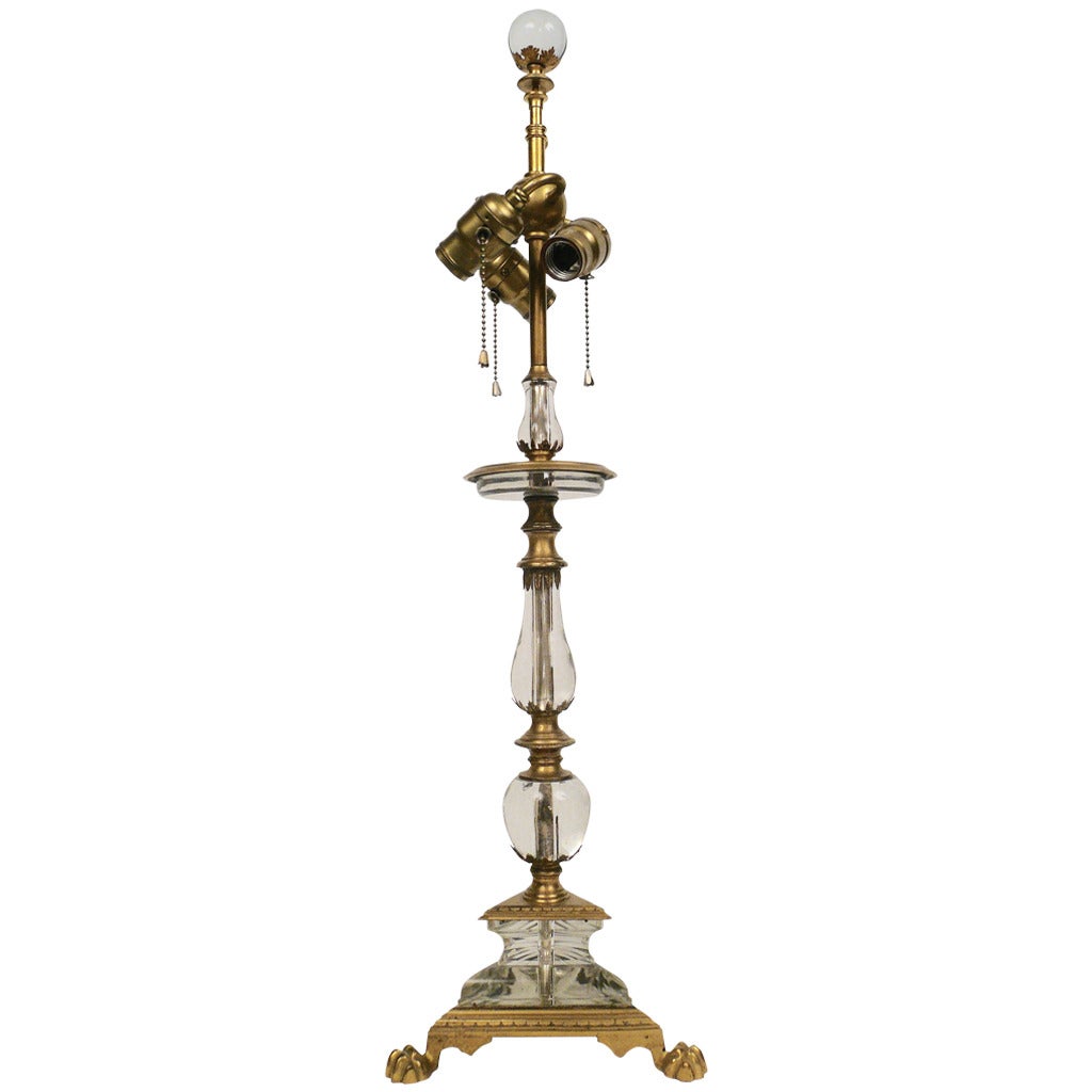 Bronze and Crystal Three-Light Lamp Attributed to Caldwell For Sale