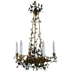 French Gilt Bronze and Porcelain Six-Light Chandelier