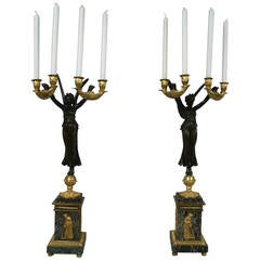 Pair of Gilt Bronze and Marble Empire Style Four-Light Candelabra