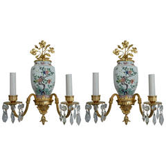 Pair of Caldwell Gilt Bronze and Samson Porcelain Two-Light Sconces