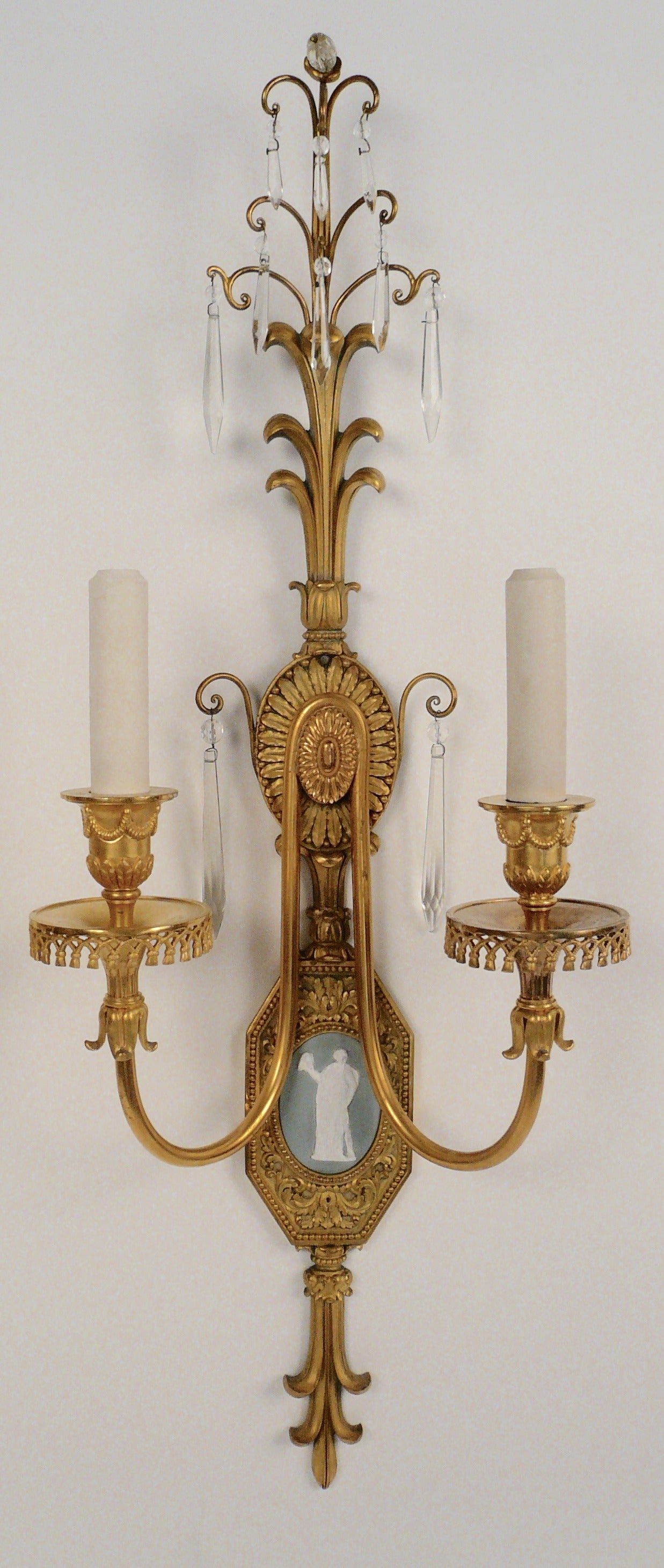 Pair of Adam Style Gilt Bronze Sconces with Enamel Plaques, by E.F. Caldwell