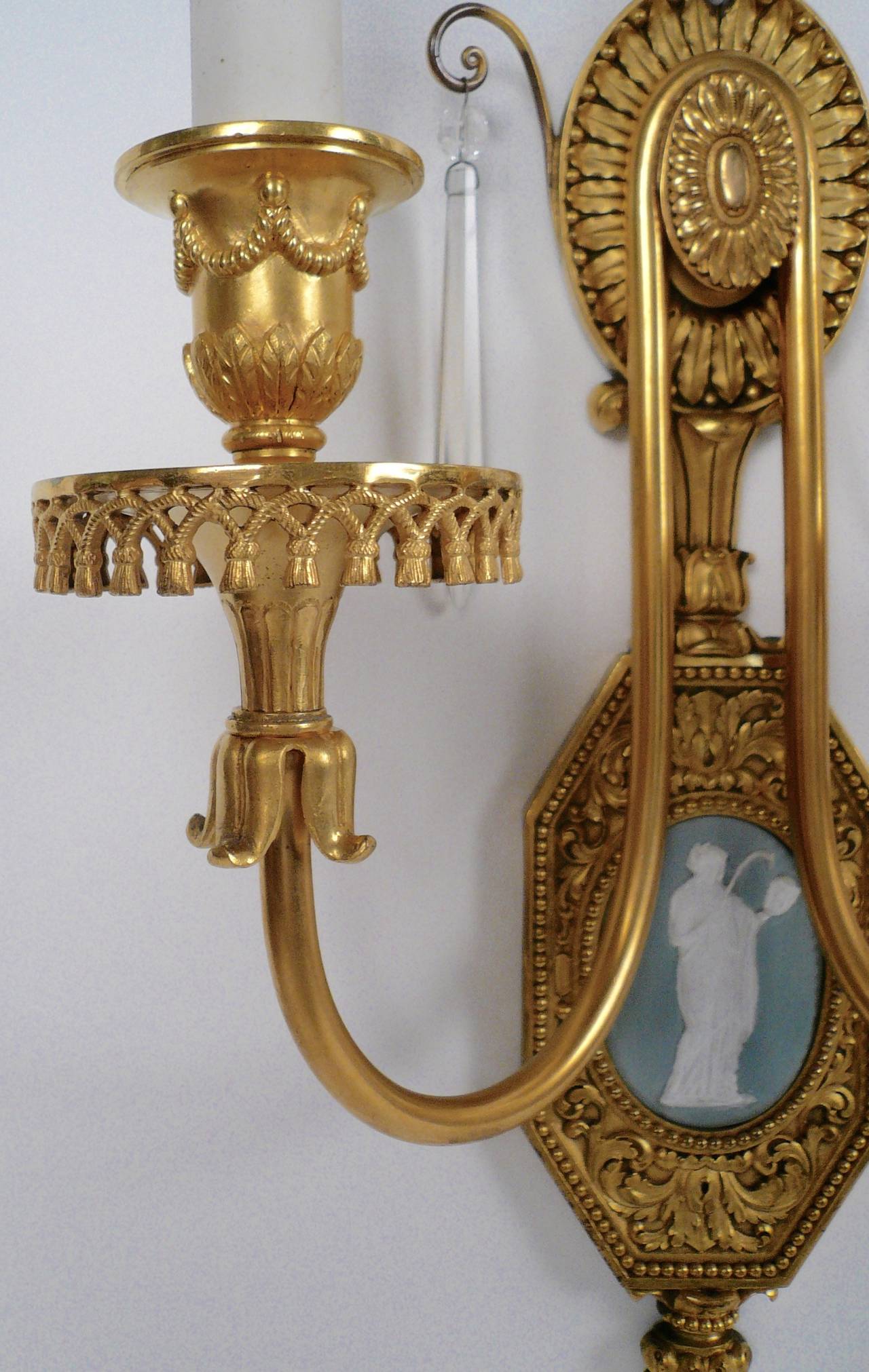 Enameled Pair of Adam Style Gilt Bronze Sconces with Enamel Plaques, by E.F. Caldwell