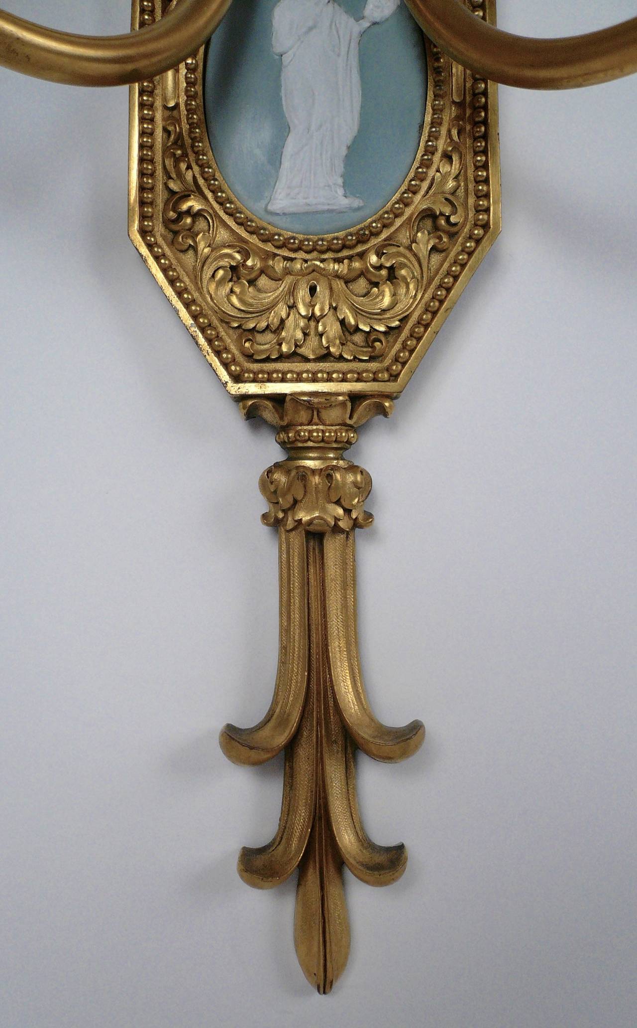 Pair of Adam Style Gilt Bronze Sconces with Enamel Plaques, by E.F. Caldwell In Excellent Condition In Pittsburgh, PA