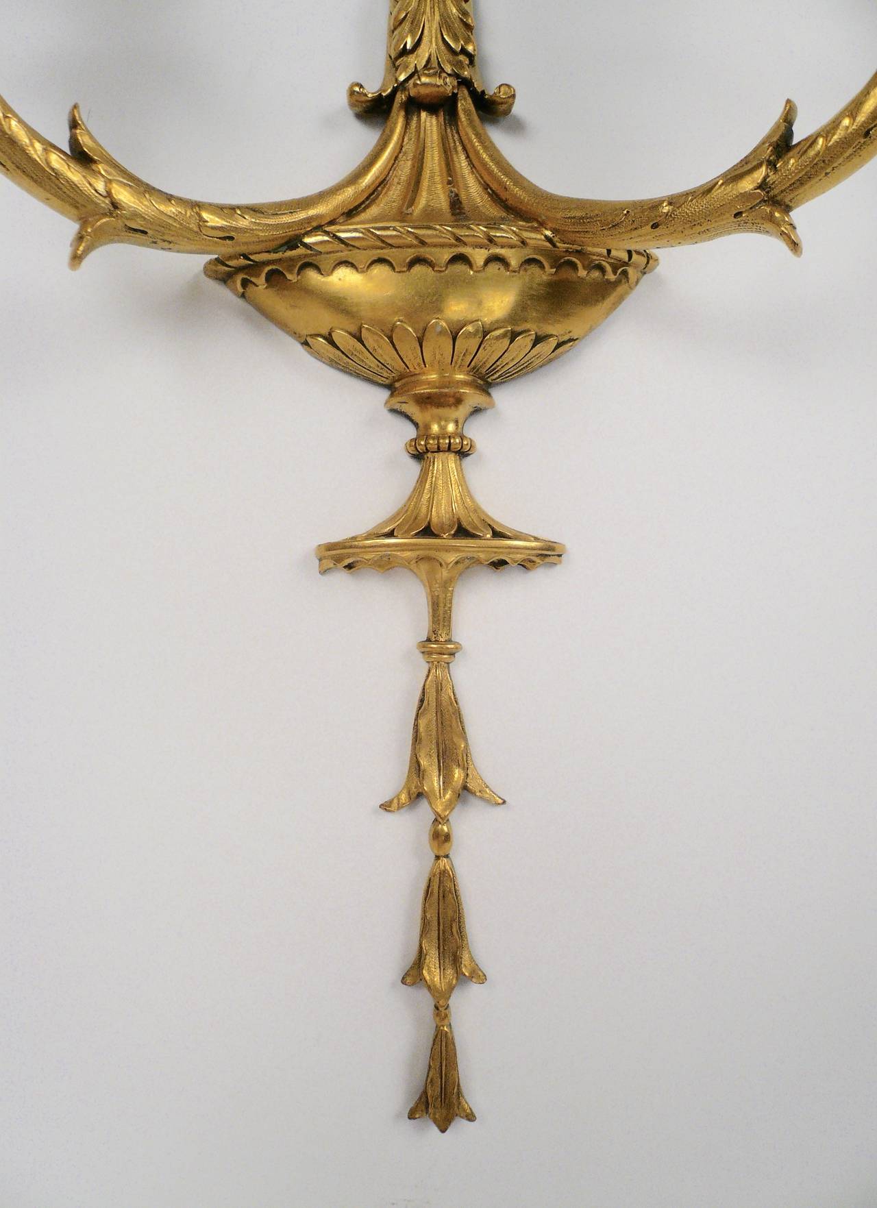 Pair of Adam Style Two-Light Gilt Bronze Sconces by E.F. Caldwell In Excellent Condition In Pittsburgh, PA