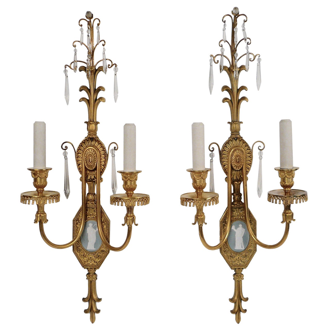 Pair of Adam Style Gilt Bronze Sconces with Enamel Plaques, by E.F. Caldwell