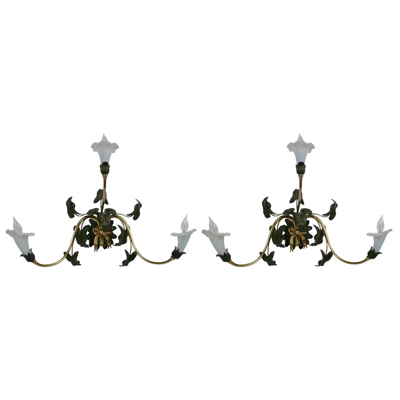 Pair of 19th Century English Brass and Opaline Glass Floral Sconces For Sale