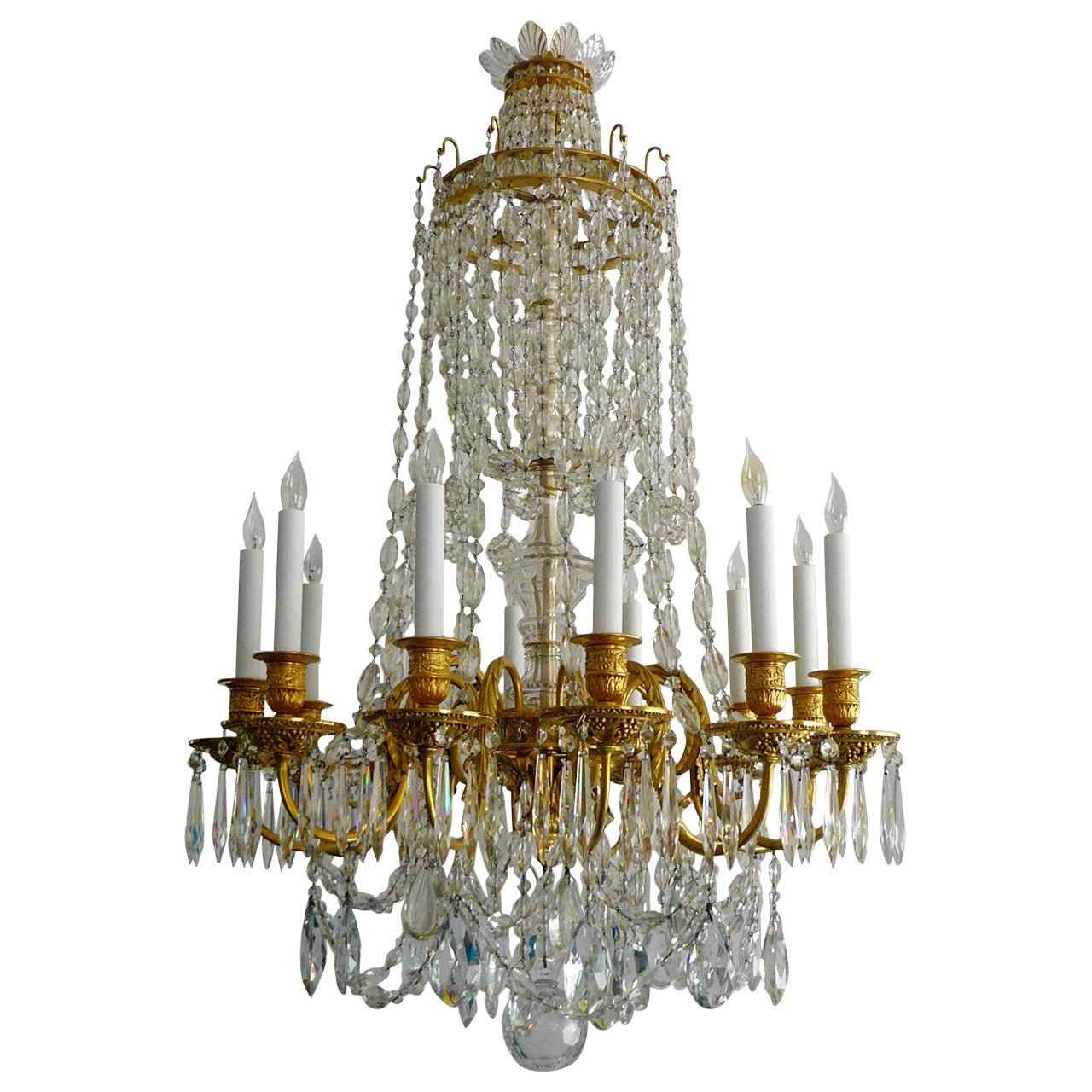 Gilt Bronze and Cut Crystal Twelve-Light Chandelier by E. F. Caldwell