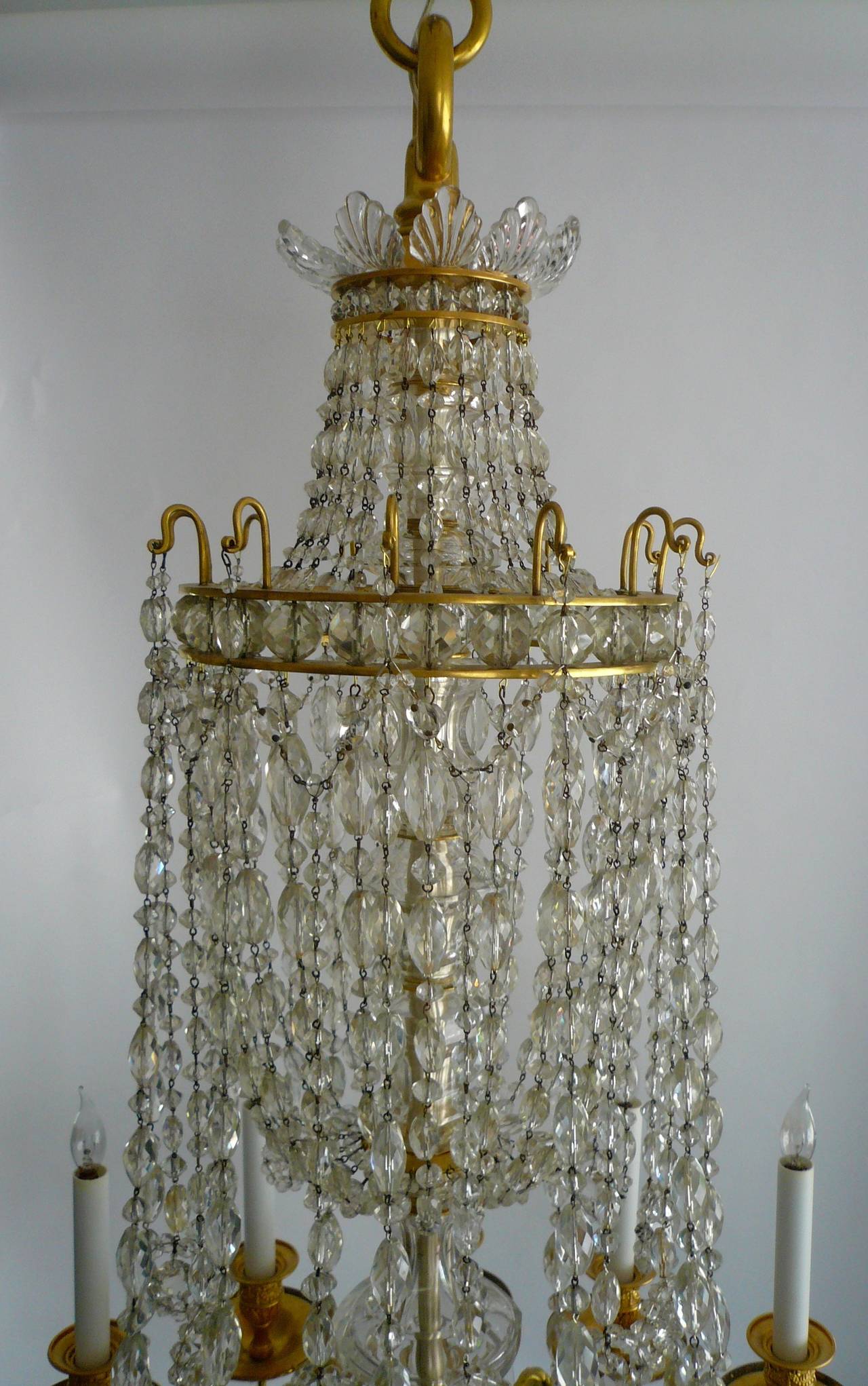 Faceted Gilt Bronze and Cut Crystal Twelve-Light Chandelier by E. F. Caldwell
