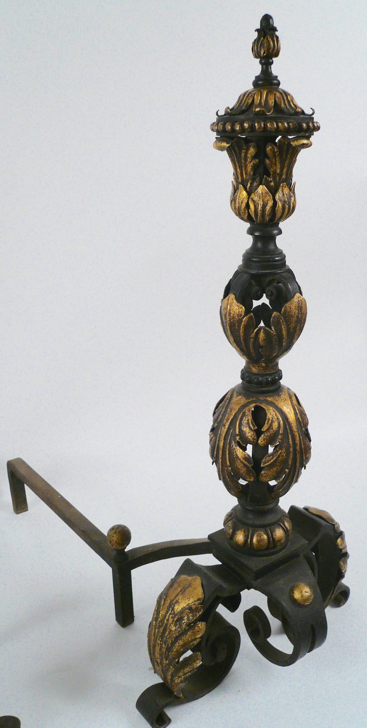 Massive Pair of Patinated and Gilt Wrought Iron Andirons 2