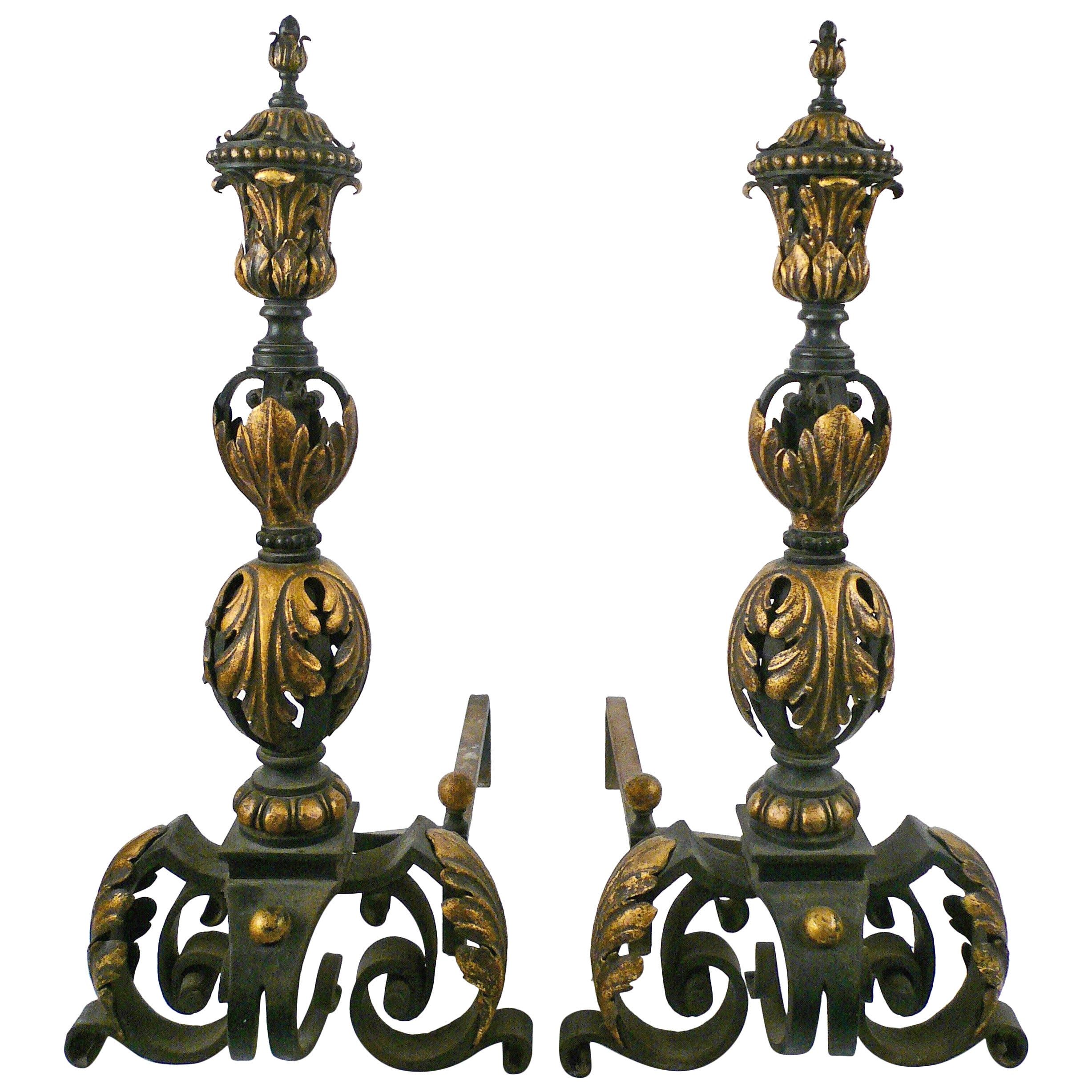 Massive Pair of Patinated and Gilt Wrought Iron Andirons
