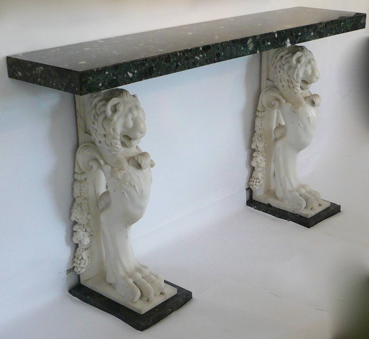 Impressive carved Carrara and Verde Antico marble console table from Farm Hill, the Sewickley Heights PA home of Edith Oliver Rea. She was the daughter of Henry Oliver, Americas 