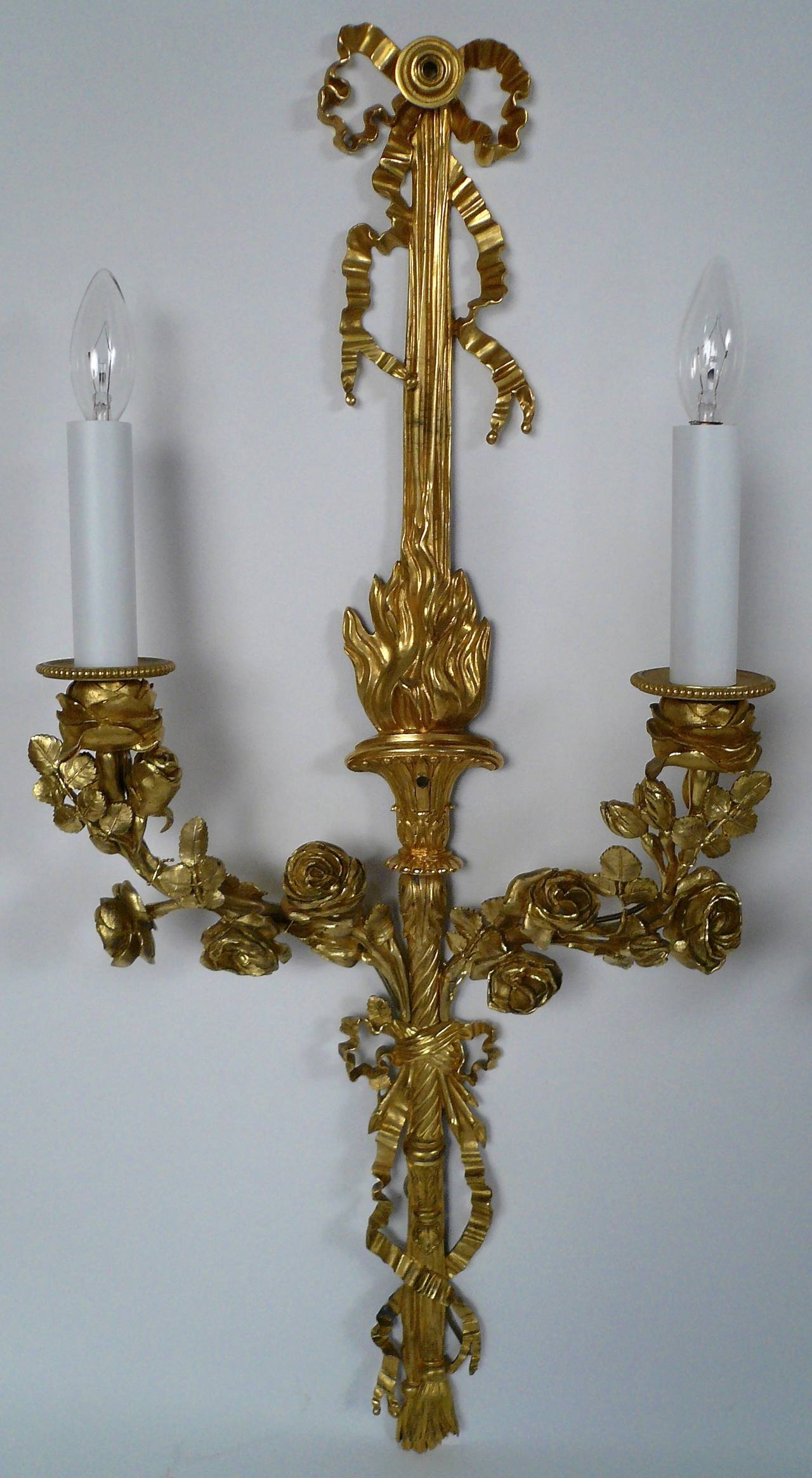 Pair of Gilt Bronze Louis XVI Style Two-Light Sconces In Excellent Condition In Pittsburgh, PA