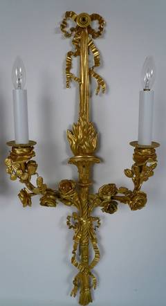 Pair of Gilt Bronze Louis XVI Style Two-Light Sconces