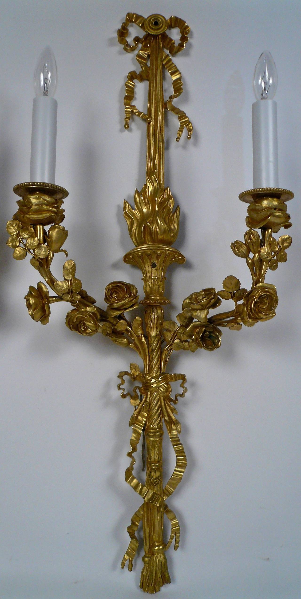 American Pair of Gilt Bronze Louis XVI Style Two-Light Sconces
