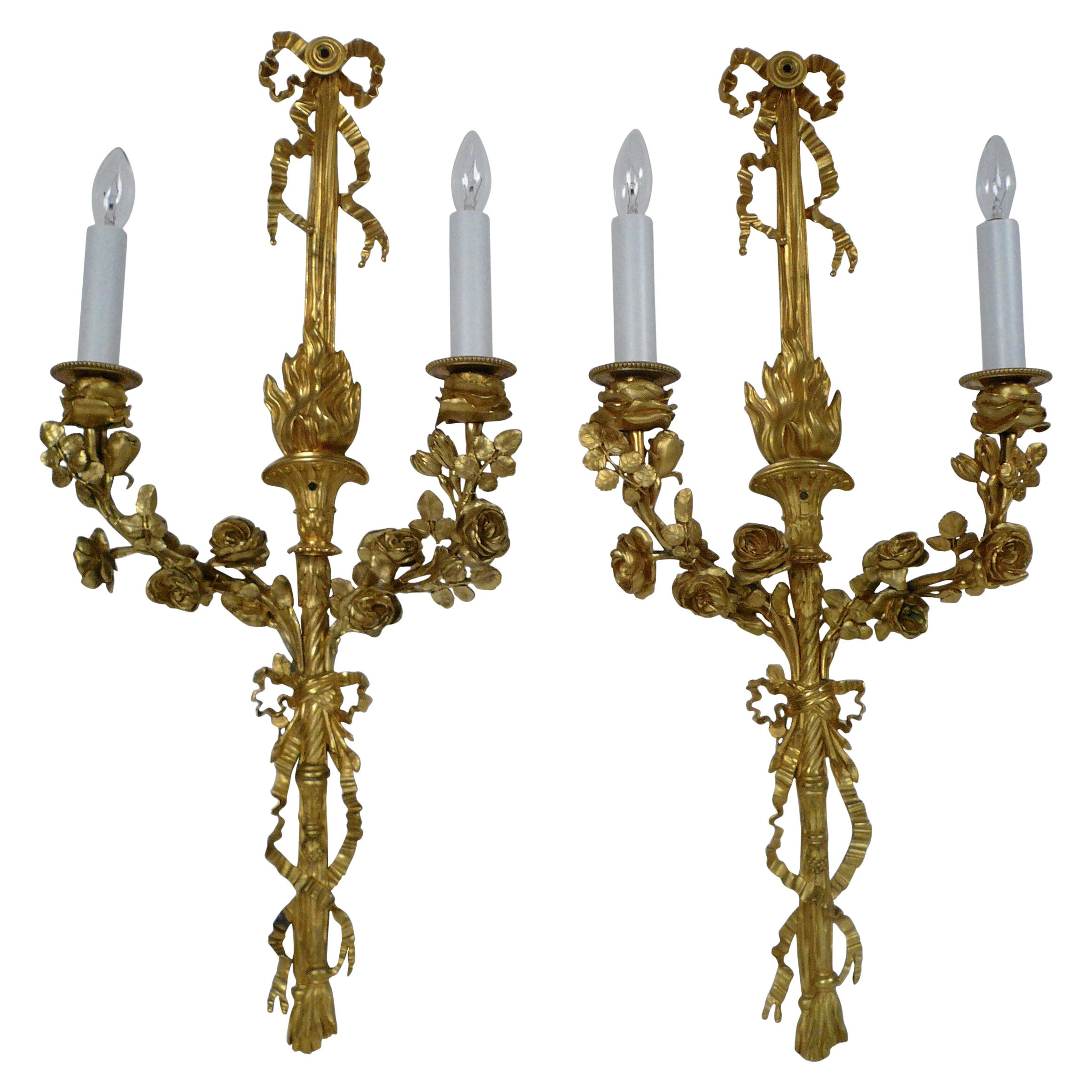 Pair of Gilt Bronze Louis XVI Style Two-Light Sconces