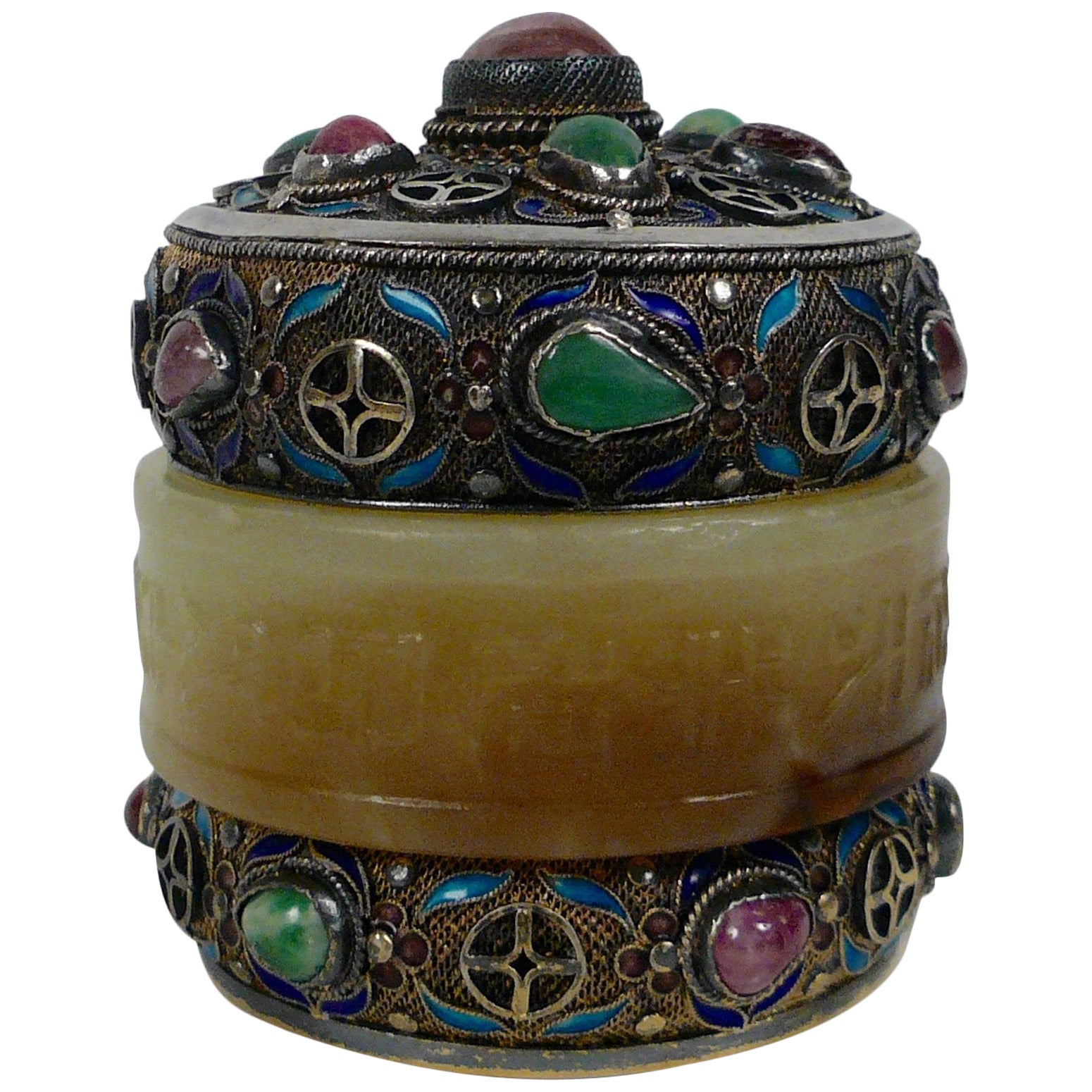 Chinese Enameled Silver, Jade, and Stone Box