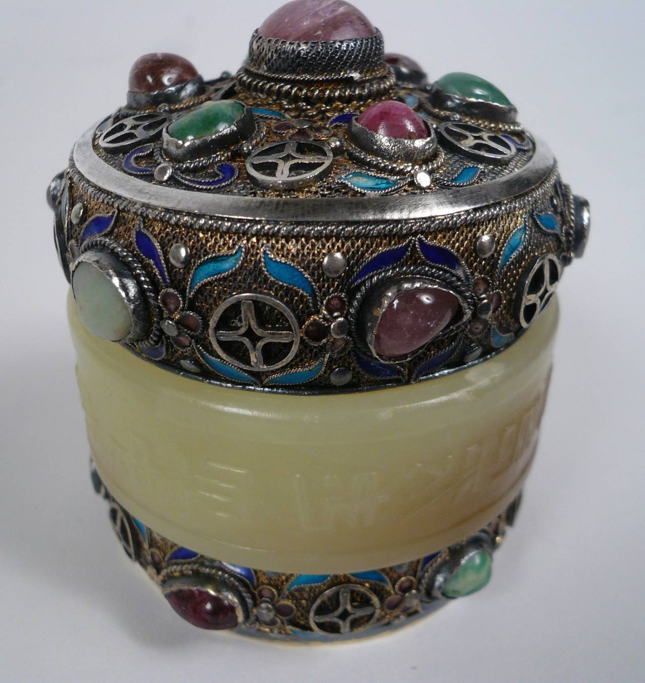 20th Century Chinese Enameled Silver, Jade, and Stone Box