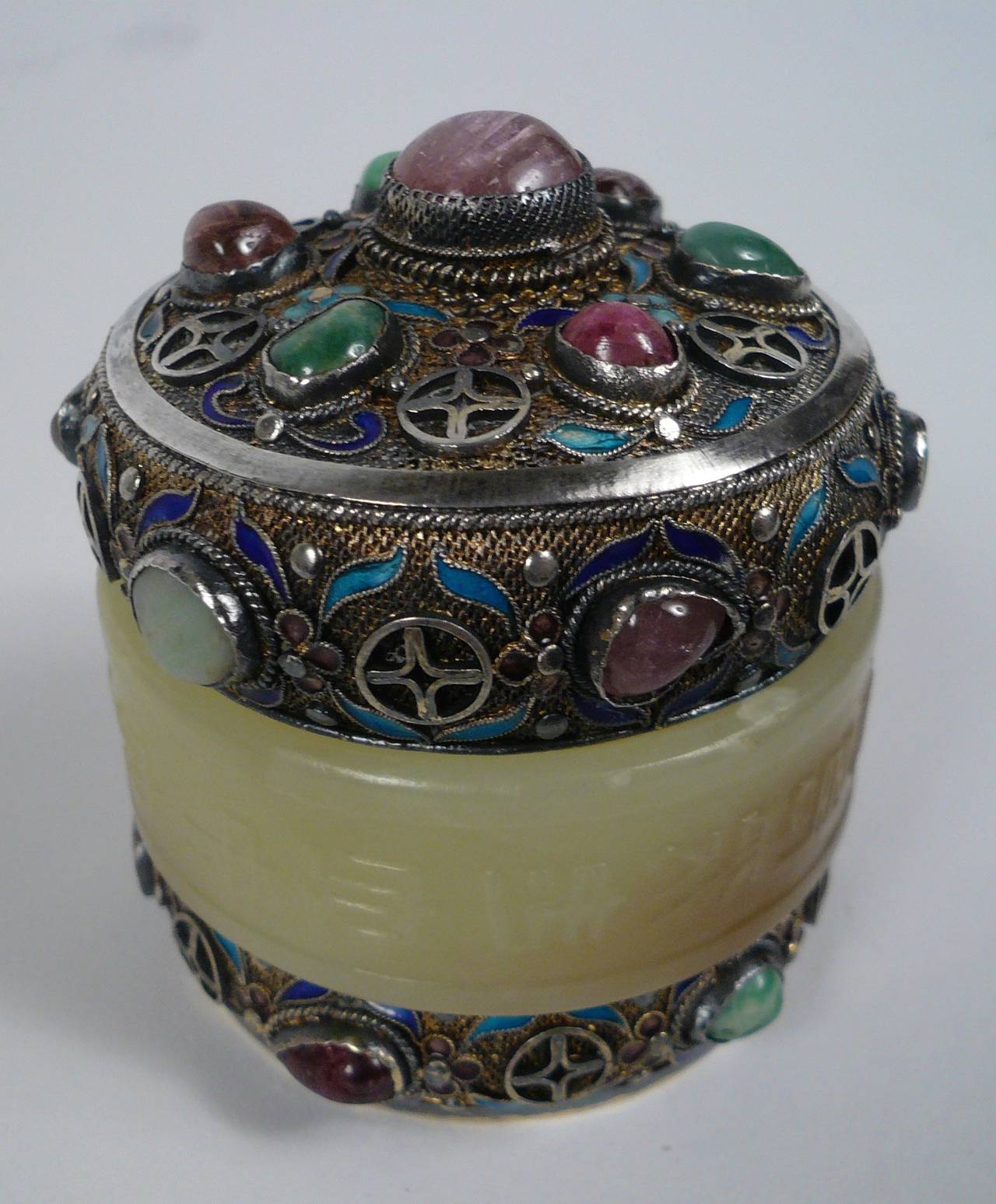 Chinese Export Chinese Enameled Silver, Jade, and Stone Box
