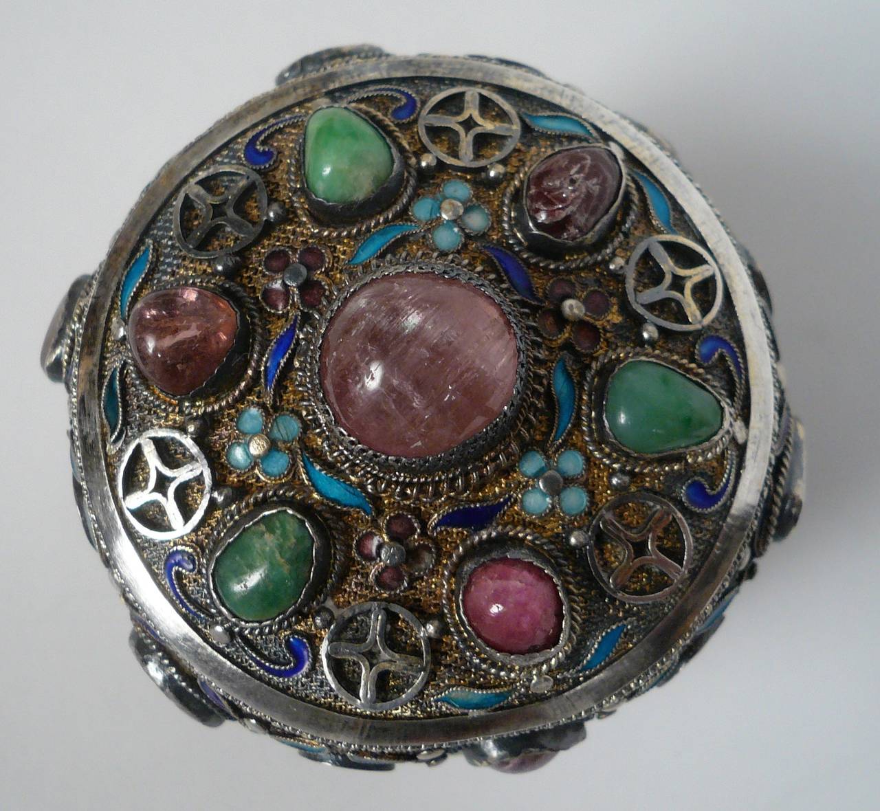 Carved Chinese Enameled Silver, Jade, and Stone Box