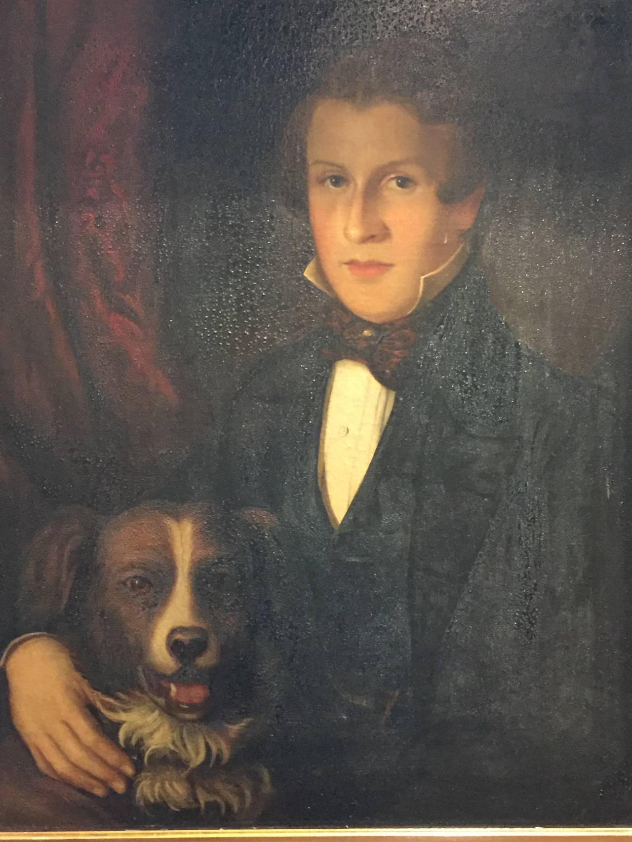 An American mid 19th century oil on canvas of a Gentleman with dog unsigned from the mid 19th century in original gold gilt frame 