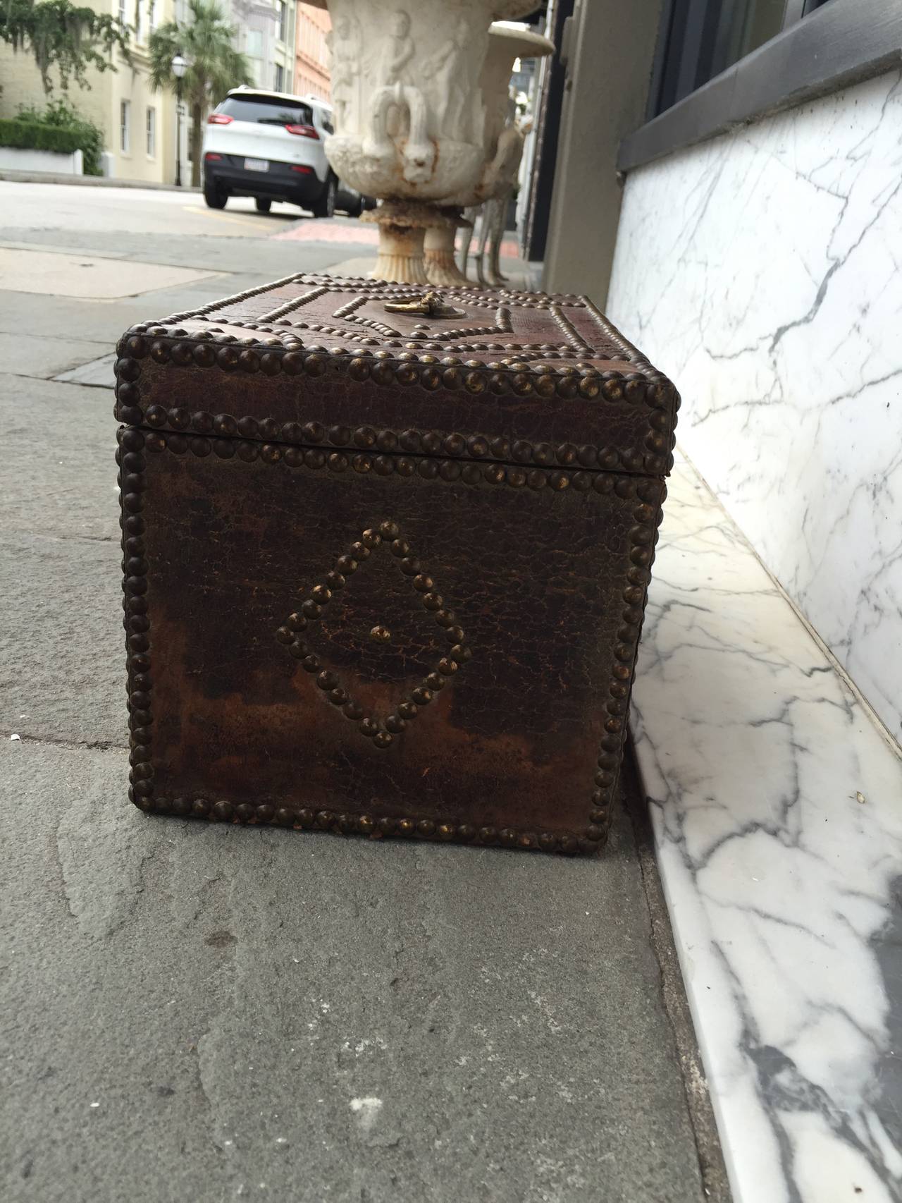 European 19th Century Small Leather Tacked Box