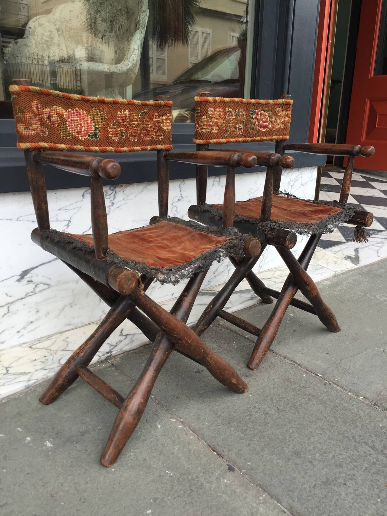 Pair of Miniature Director's Chairs with Needlework Seat and Back In Good Condition In Charleston, SC