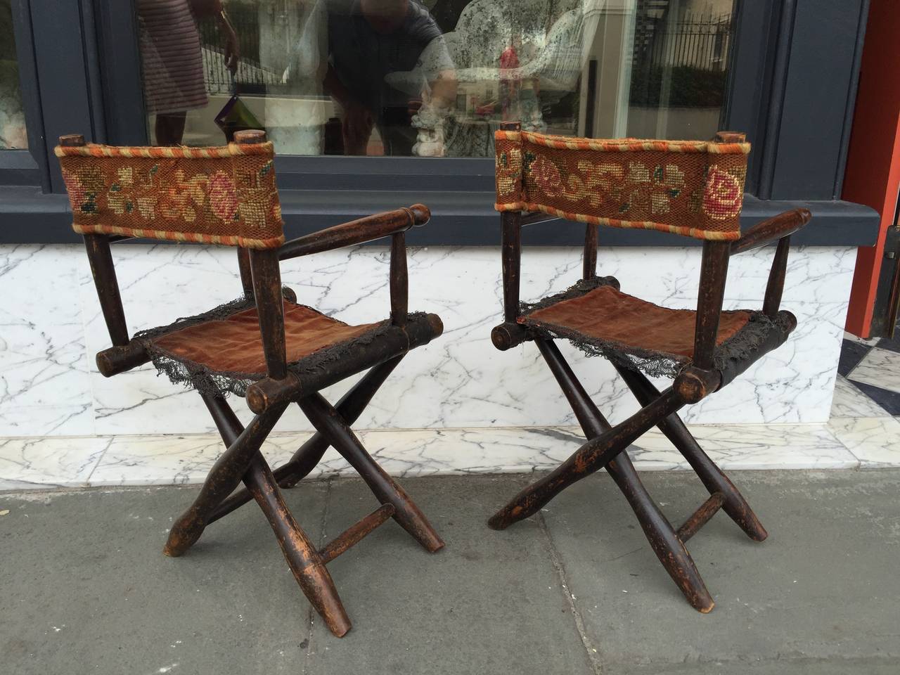 American Pair of Miniature Director's Chairs with Needlework Seat and Back